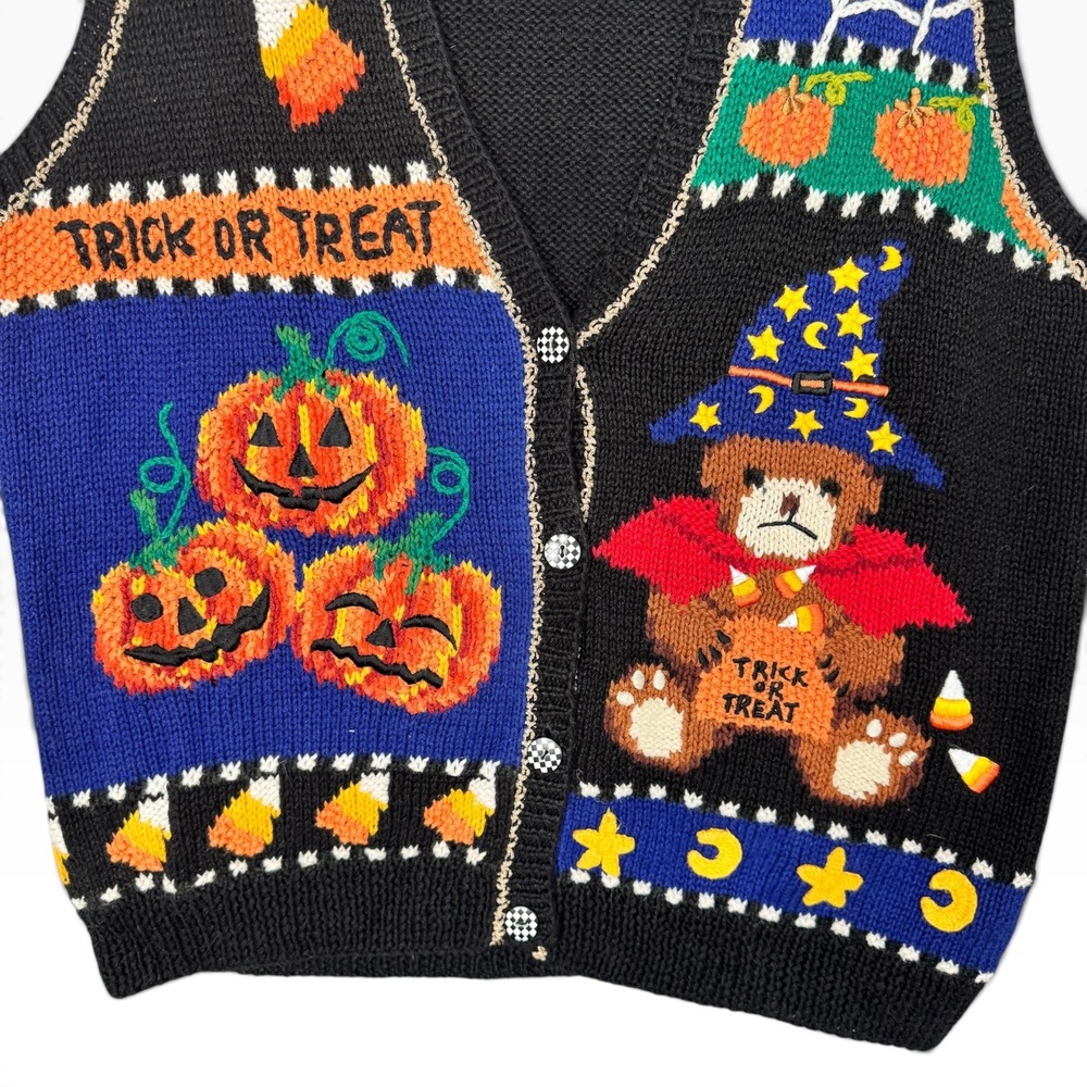 Marisa Christina Halloween Sweater Vest Womens M Black Trick or Treat Hand Knit - Picture 3 of 10
